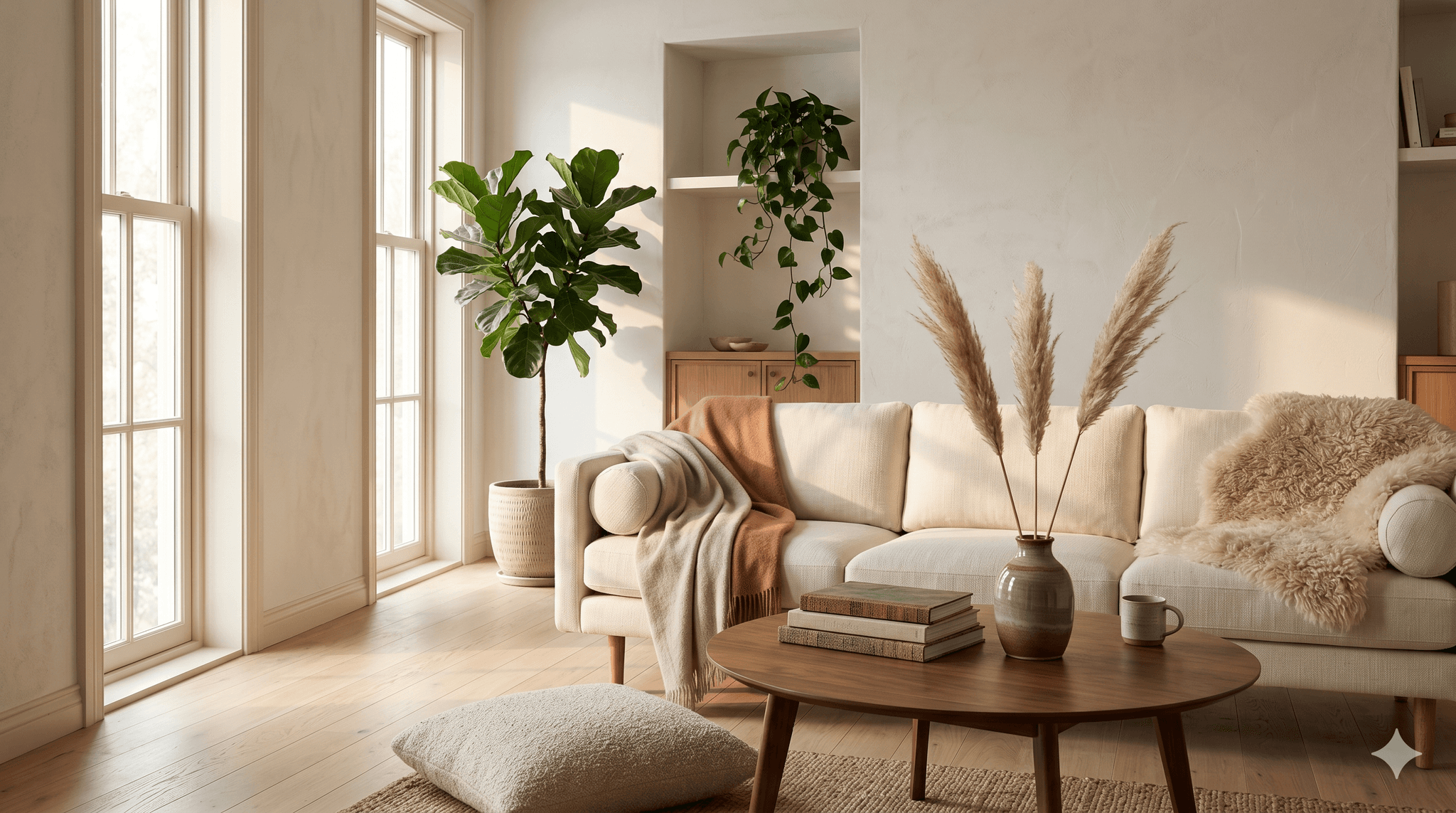 Scandinavian living room with warm wood floors, white walls, and a soft linen sofa