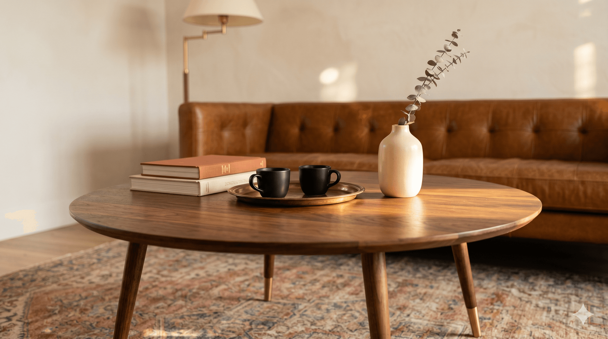 Mid-century modern coffee table in walnut with brass legs