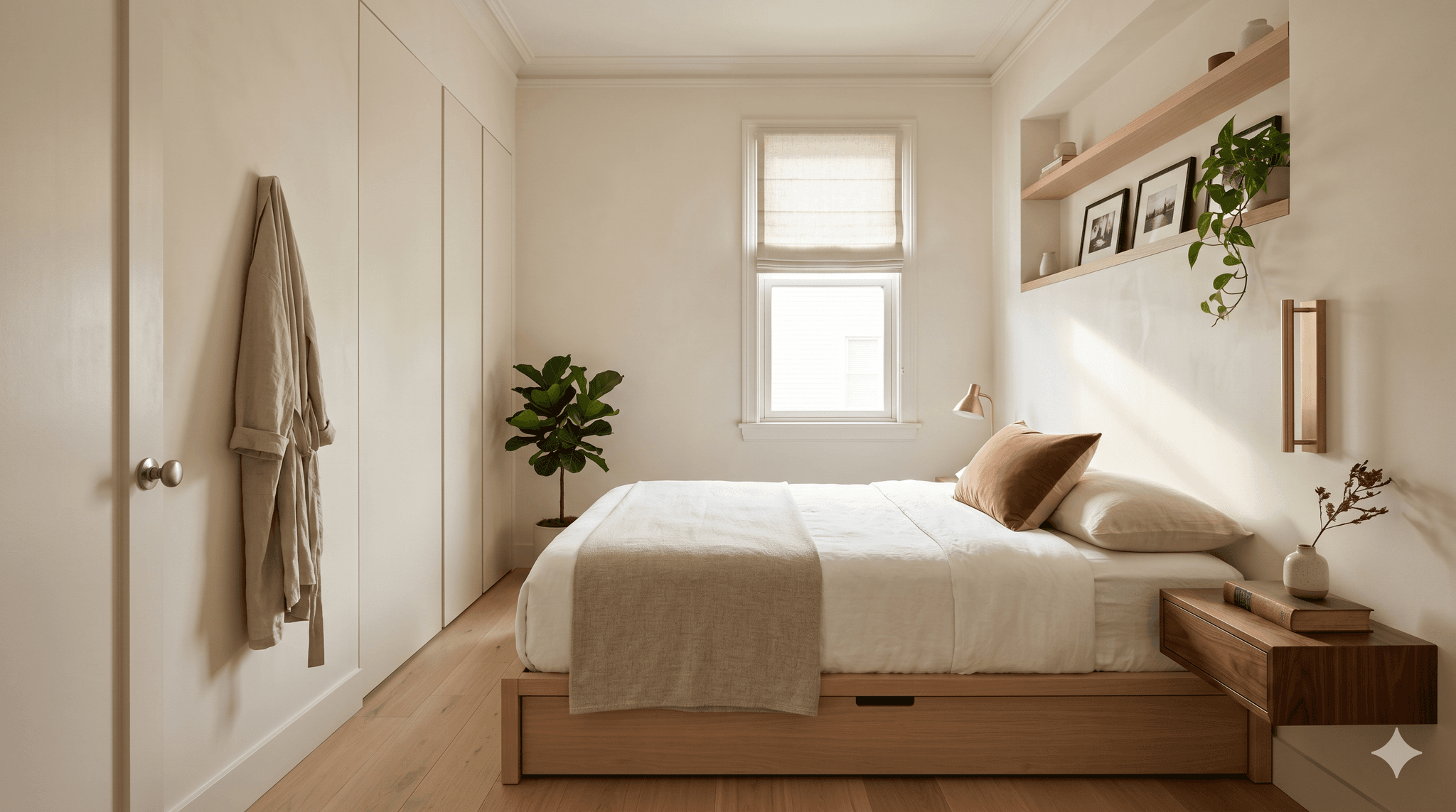 Small bedroom with platform bed, wall-mounted nightstand, and soft natural light