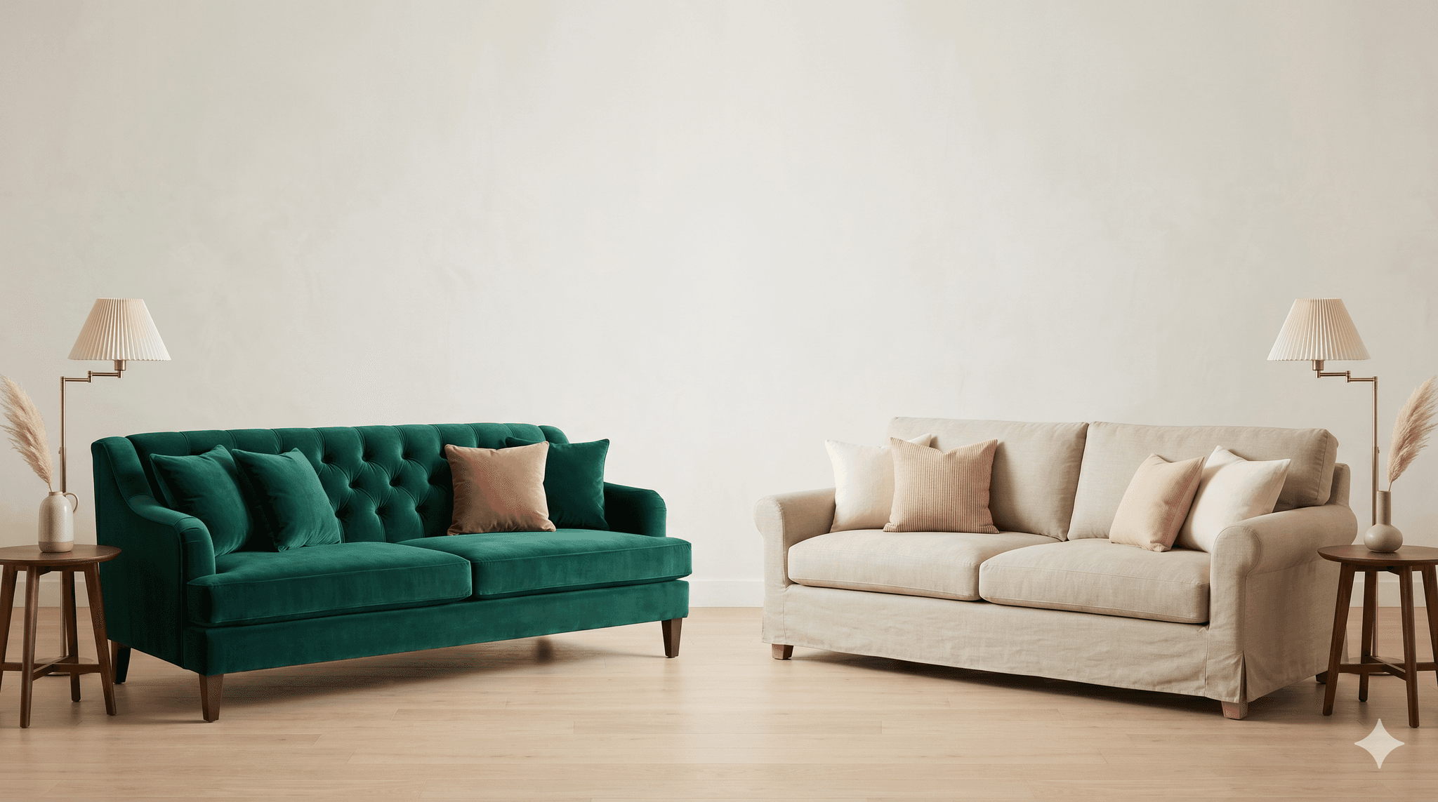 Side by side comparison of a velvet sofa and a linen sofa in similar room settings