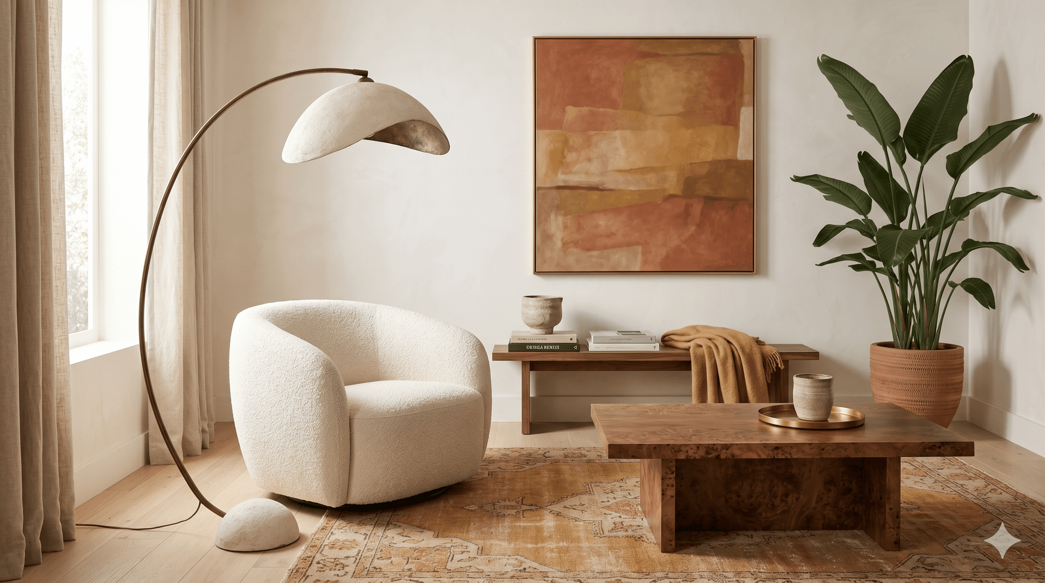 A composite of 2026 interior design trends: warm woods, sculptural lighting, and rich color