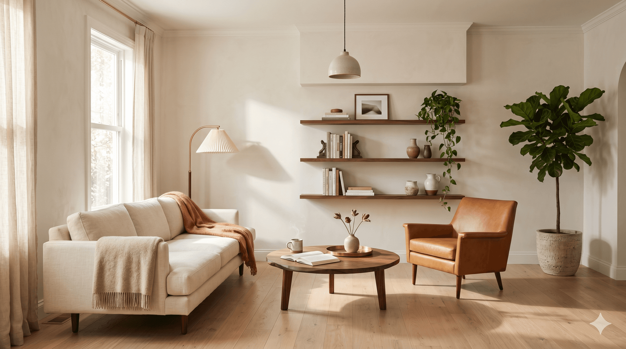 A scandinavian living room designed by Furnish with a warm wood floor and soft natural light