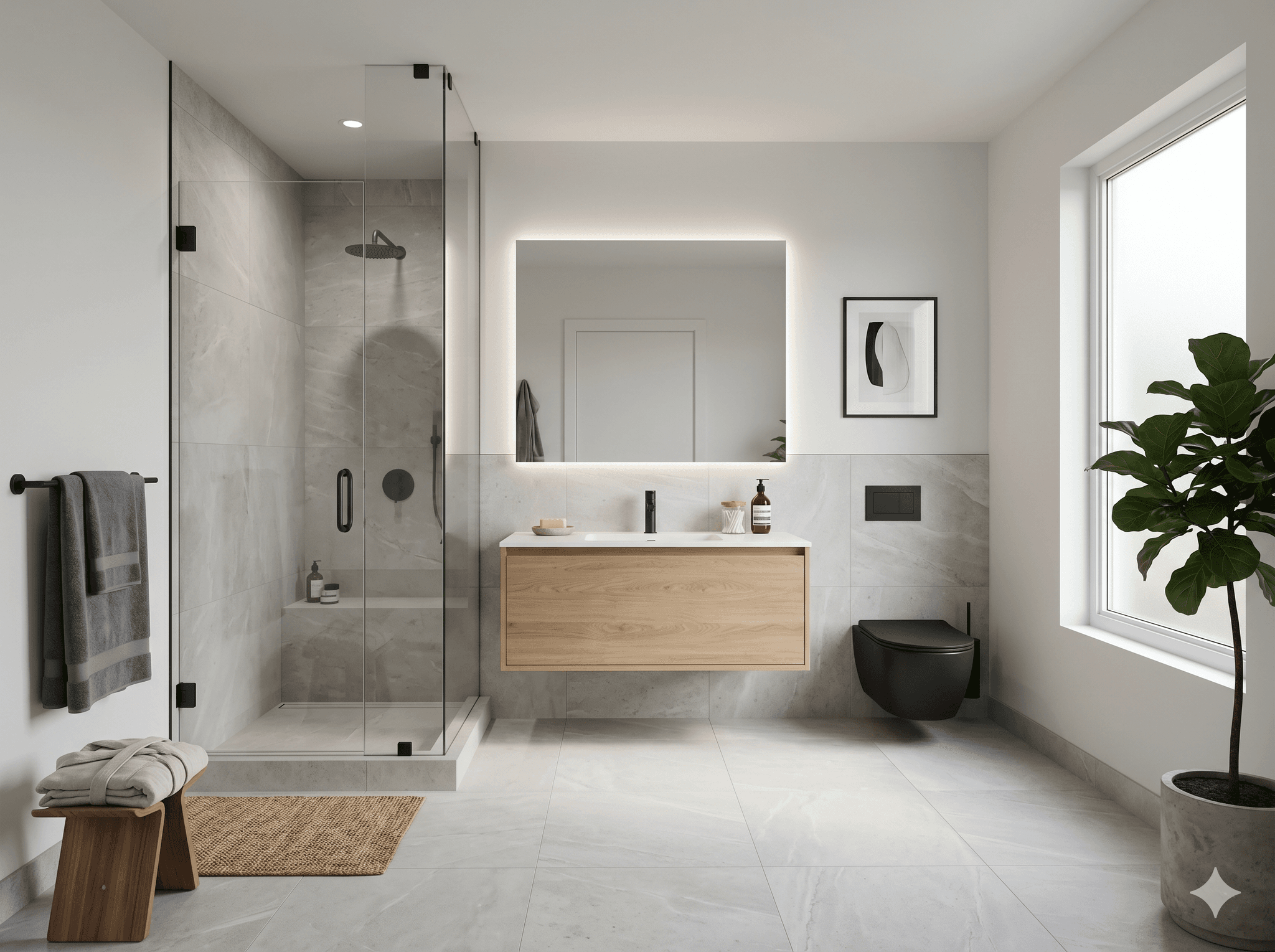 Contemporary spa-style bathroom with stone surfaces, designed by Furnish