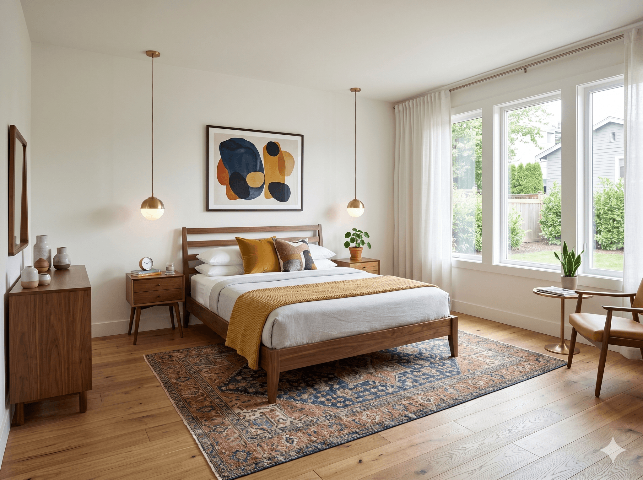Mid-century modern bedroom with layered textiles and moody lighting, designed by Furnish