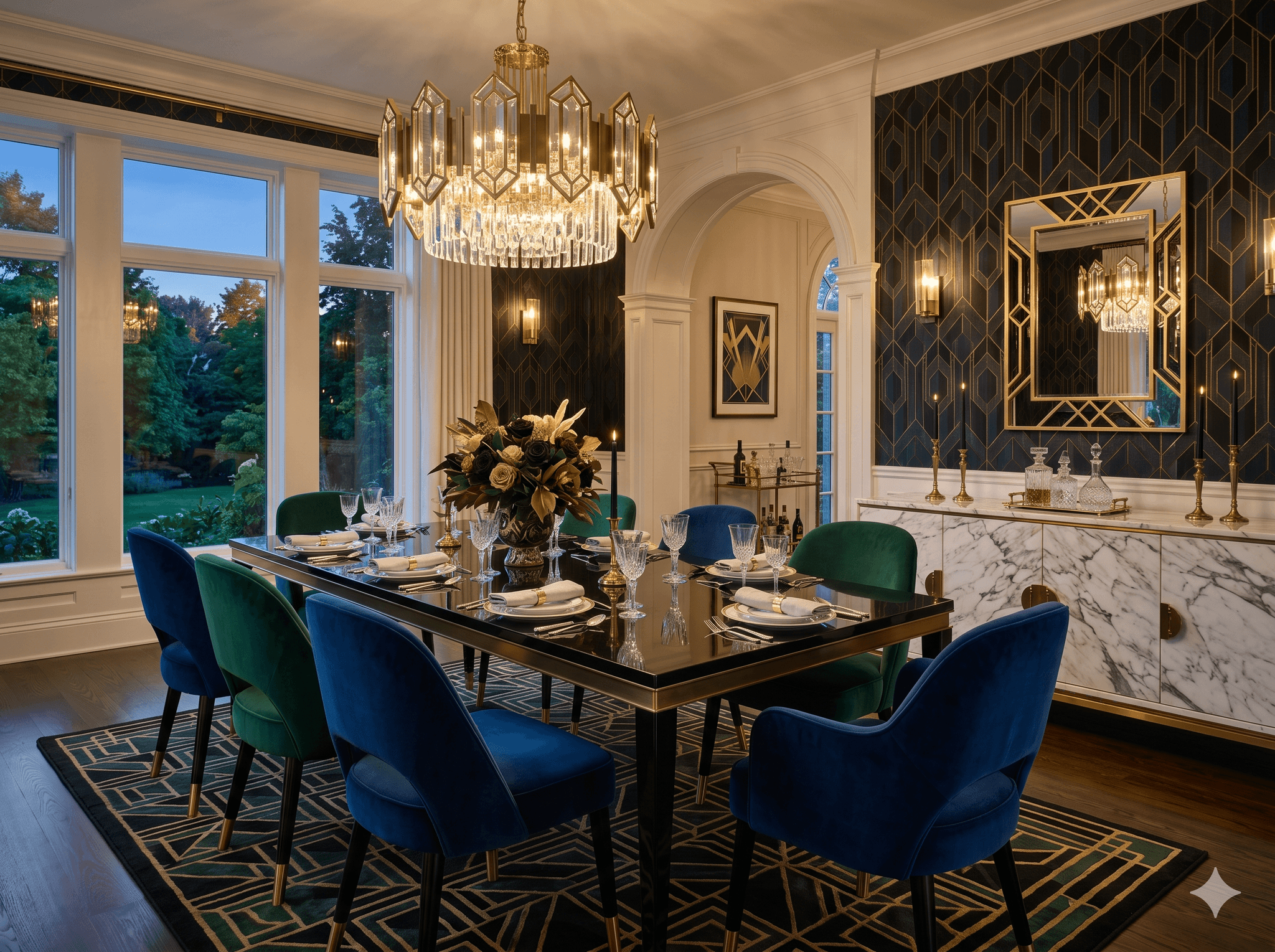 Art-deco dining room with a statement chandelier in jewel tones, designed by Furnish