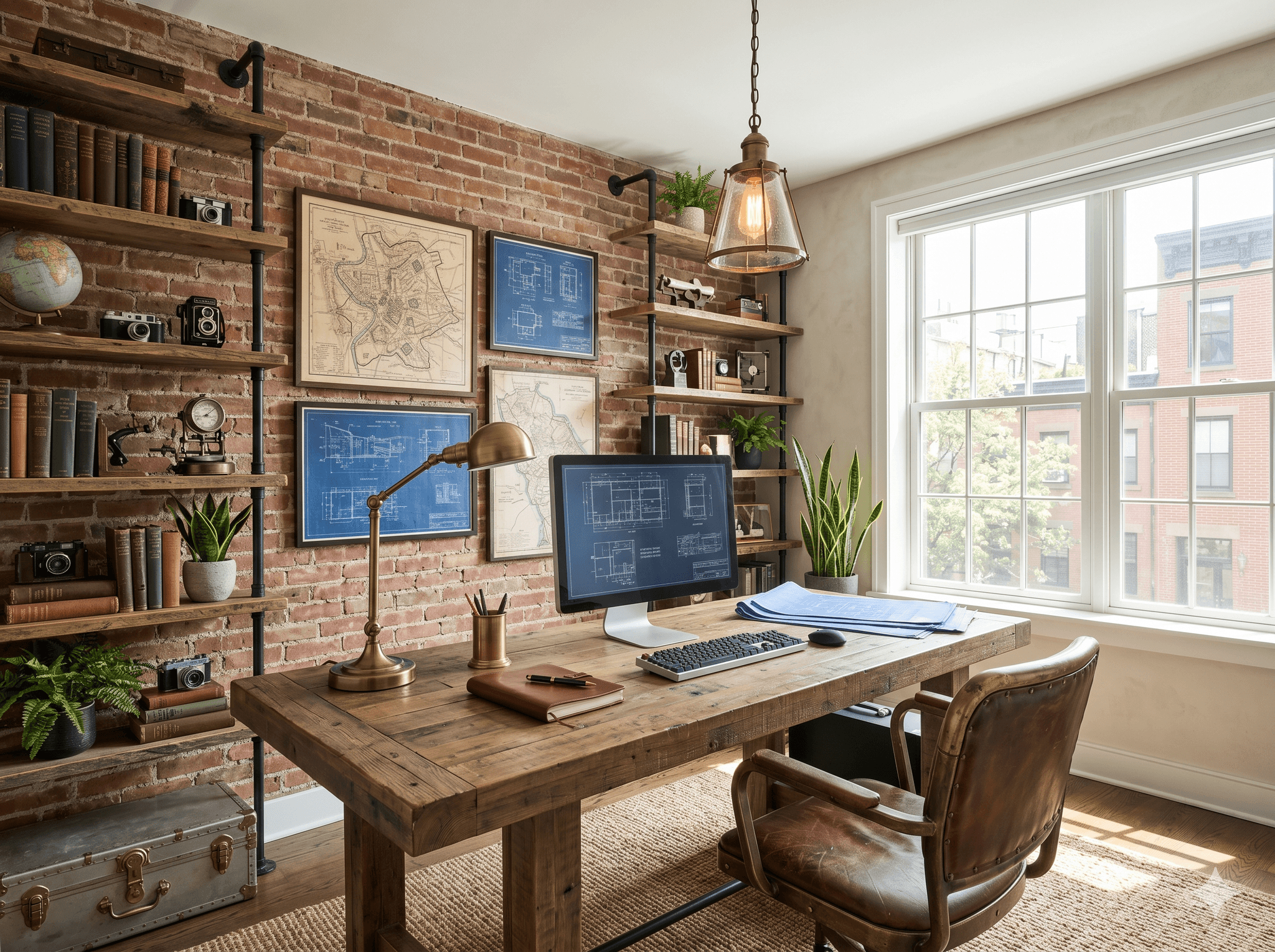 Industrial home office with leather chair and a mid-century desk, designed by Furnish