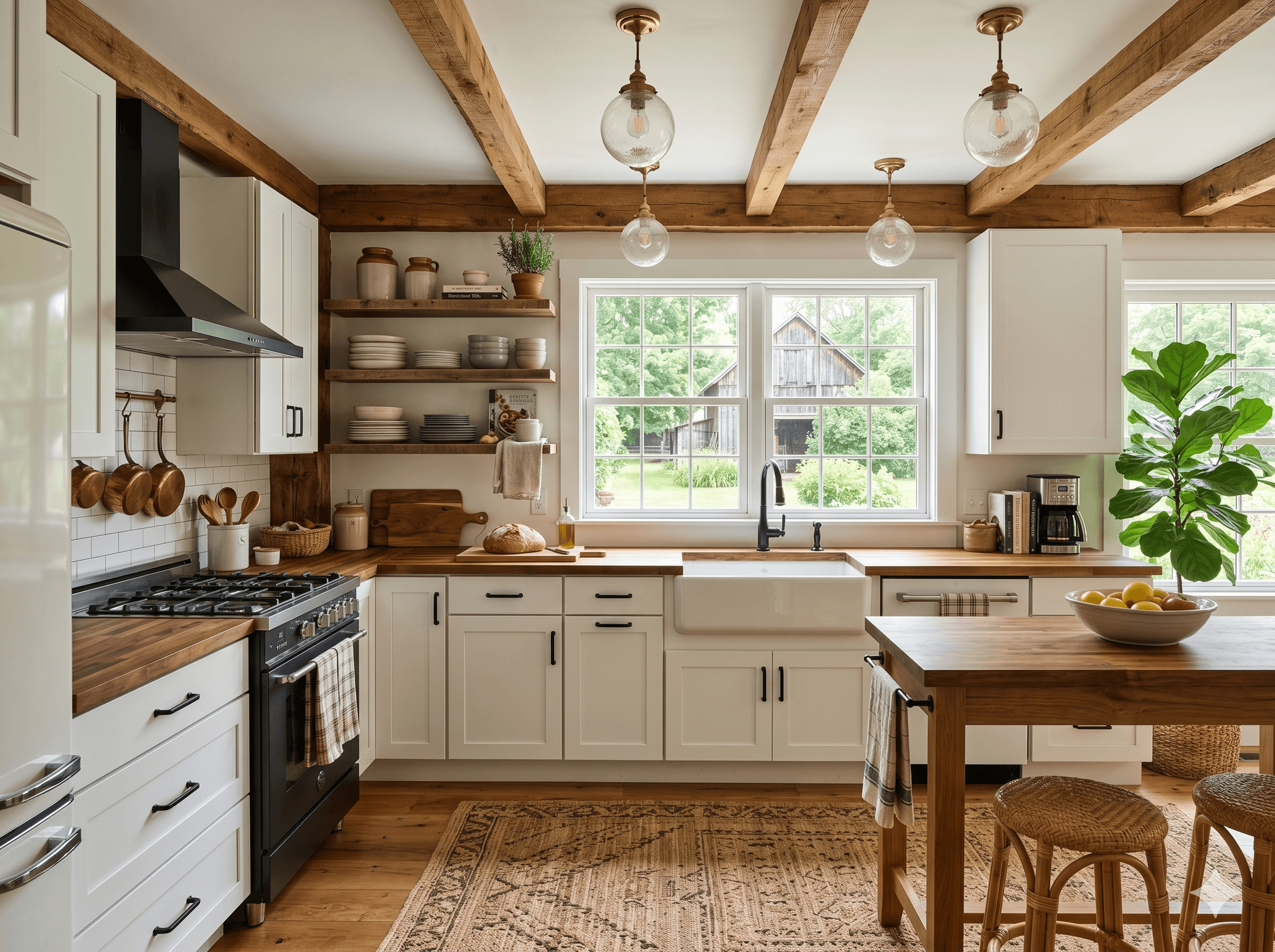 Farmhouse kitchen with white cabinetry and herb plants on the counter, designed by Furnish