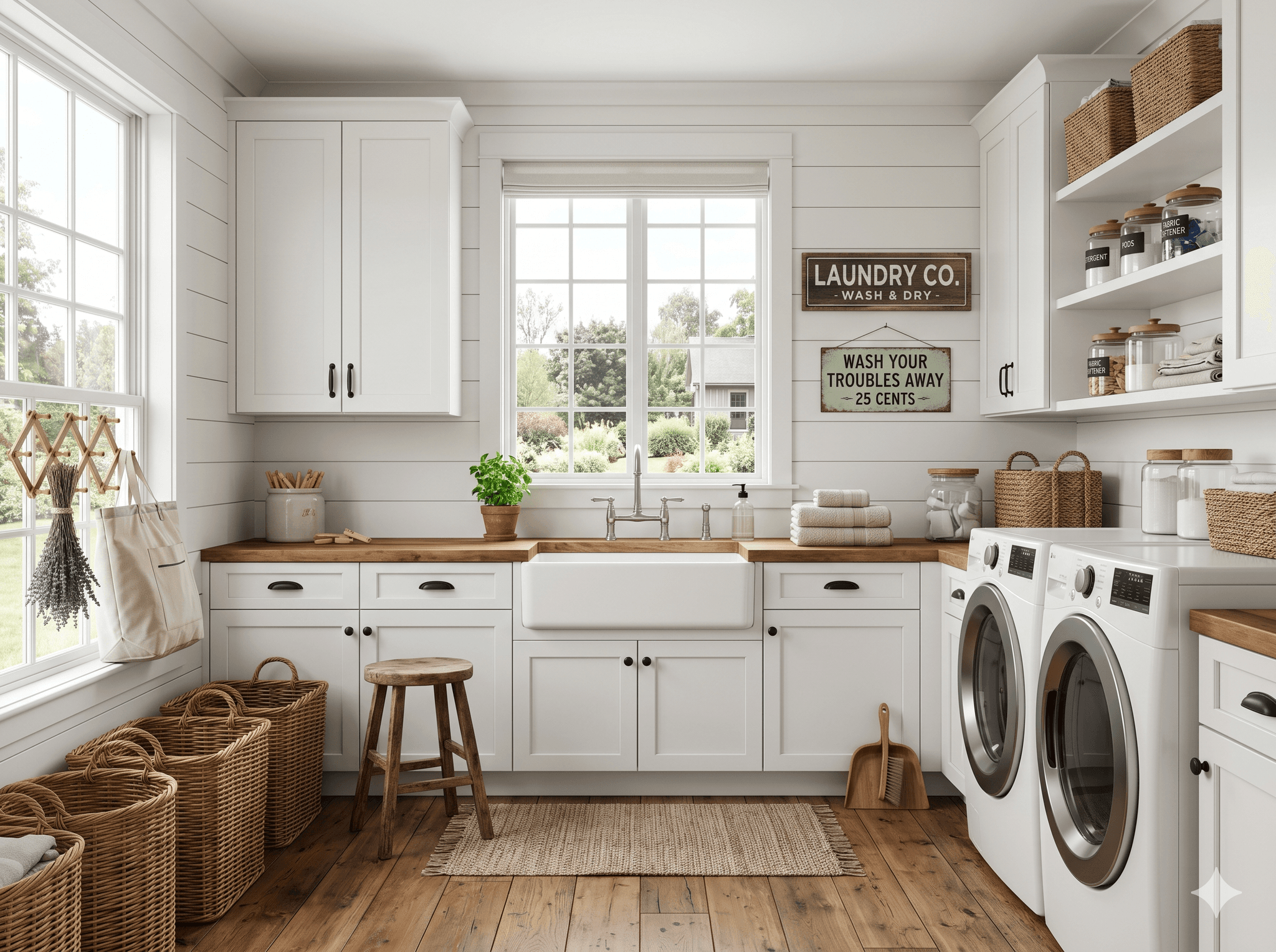 Modern farmhouse laundry room with organized storage and warm wood accents, designed by Furnish