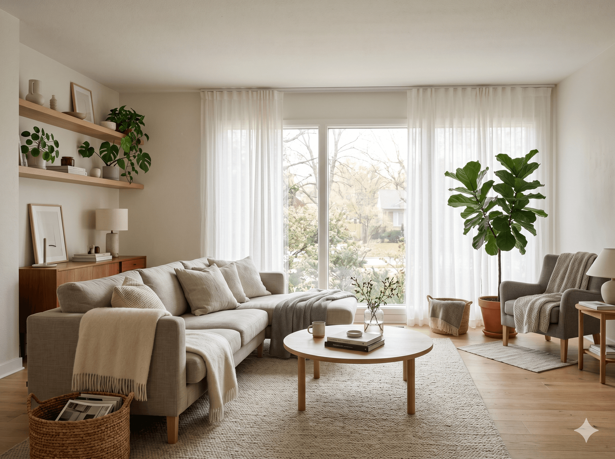 Scandinavian living room with warm woods and a neutral palette, designed by Furnish