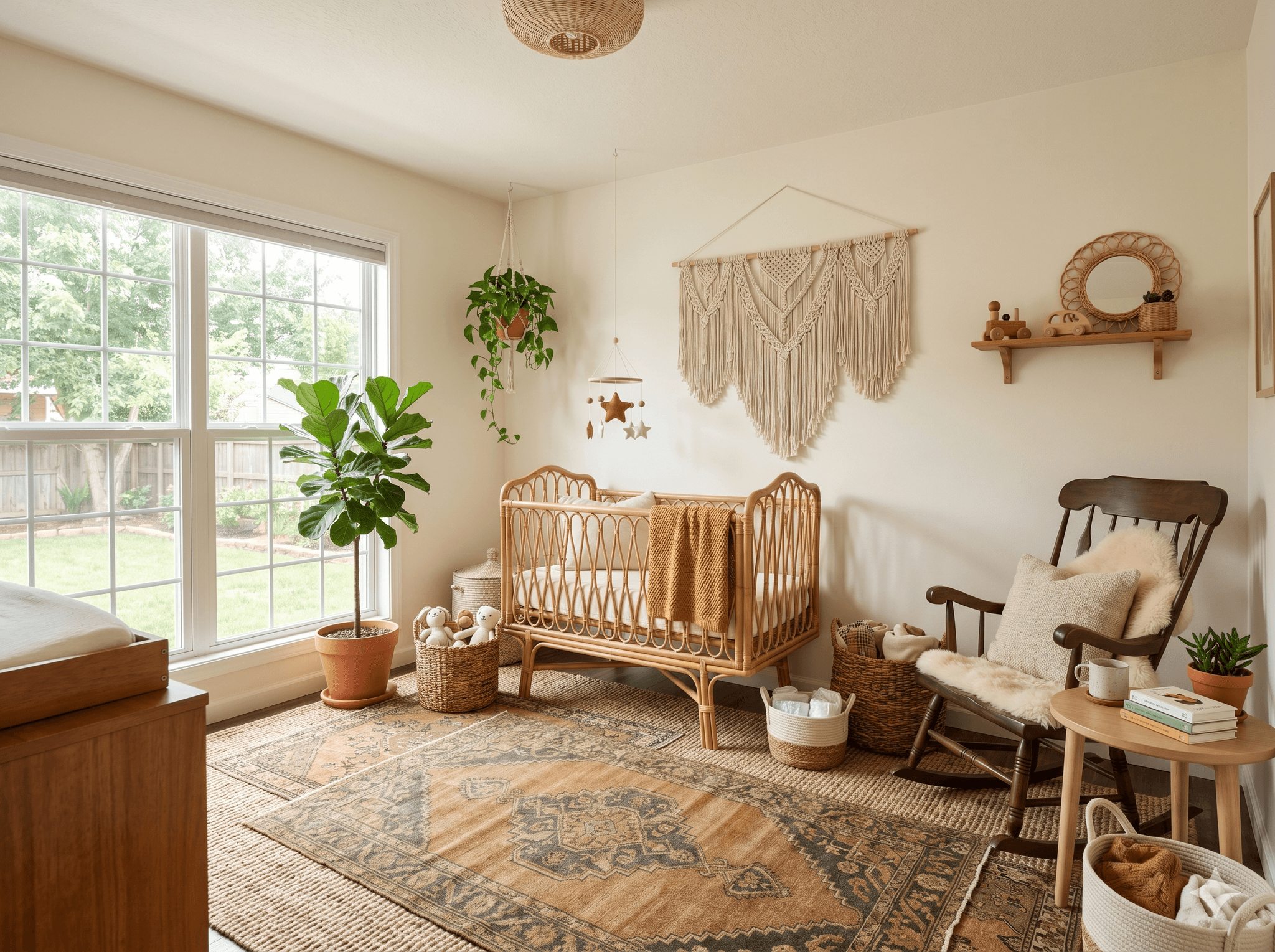 Bohemian nursery with soft layered textiles, designed by Furnish