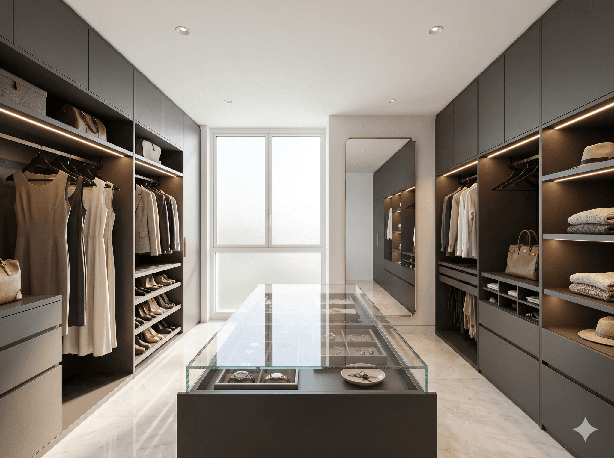 Walk-in closet with brass hardware and built-in shelving, designed by Furnish